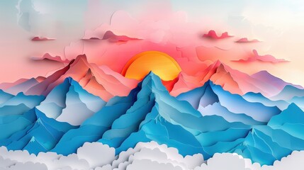 Trendy art paper collage of colorful mountain landscape with sunset and clouds in the background