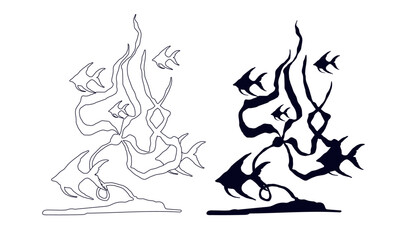 Line sketch, outline, silhouette of seaweed and a school of fish. Vector graphics.