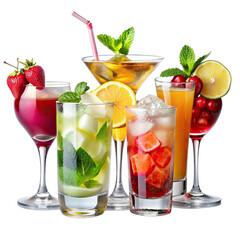 Six different cocktails with fresh fruit garnishes and ice are arranged in a row on a white background
