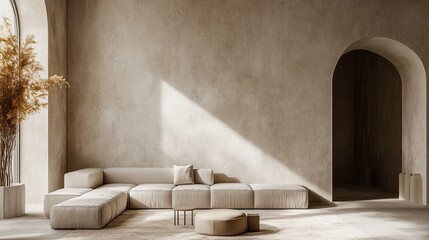 A minimalist living room design featuring a modular sofa against a stucco wall. The space is defined by clean lines, neutral colors, and a serene, modern aesthetic that emphasizes simplicity.