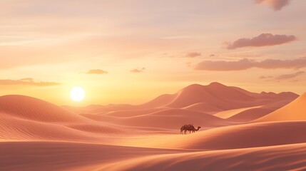 Fototapeta premium Desert sunset towering sand dunes lone oasis camel caravan warm golden hour lighting soft diffused edges realistic 3D sand dunes