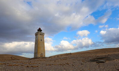Hjorring, JUT, Denmark - August 25, 2024: Rubjerg Knude Lighthouse in Danish language Rubjerg Knude Fyr on the Jutland peninsula