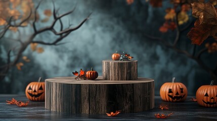 Wooden podium with halloween decorations theme for product presentation, wooden round cylinder product stage podium 