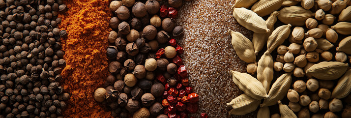 Mixed spices including black pepper, cardamom, cloves, and saffron presented with flair on a vivid surface