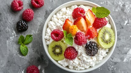 cottage cheese with fruit in a white bowl top view