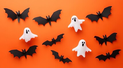 Happy halloween holiday concept. Halloween decorations, bats, ghosts on orange background