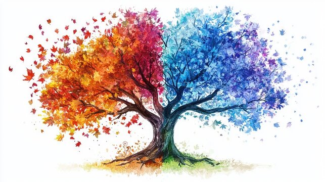 "Create a detailed illustration of a vibrant tree that embodies the four seasons in its foliage. The tree should have a strong, twisting trunk with roots 
