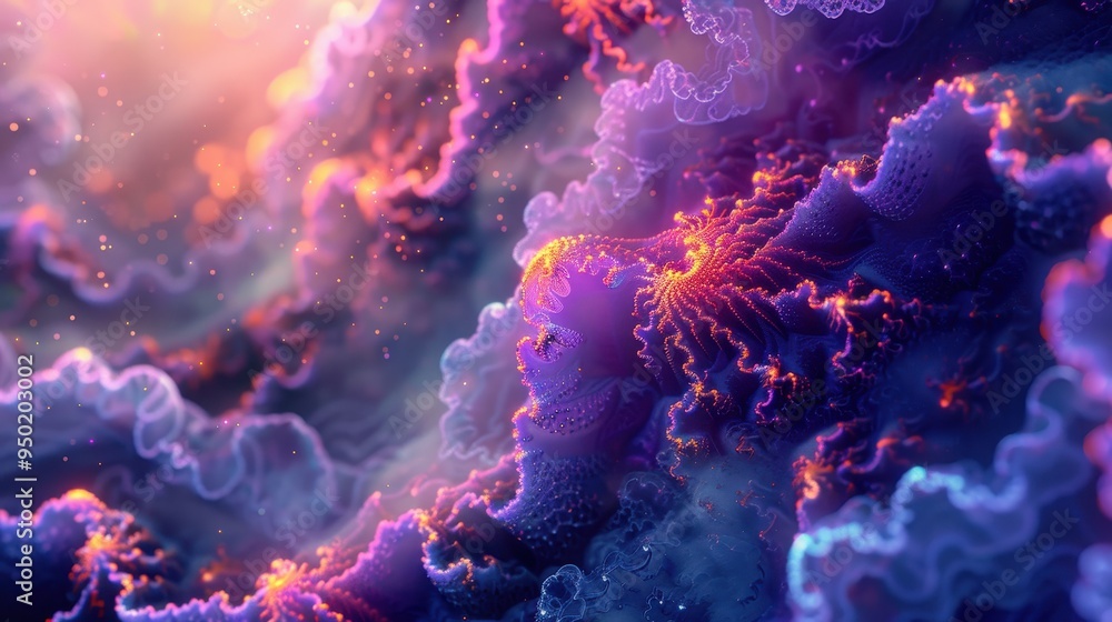 Poster vibrant abstract patterns with swirling colors and textures in a cosmic-inspired setting