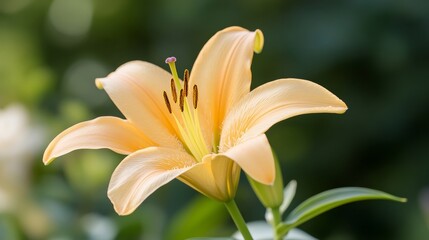 Golden Lily Bloom with Dew on a Sunny Morning in a Lush Garden - Detailed Shot of a Unique Flower Species amidst Natural Landscapes