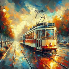 Oil Painting Tram A digital illustration of a tram rendered in t