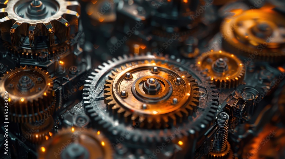 Poster intricate interlocking gears and cogwheels demonstrate teamwork and industrial precision in motion