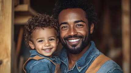 Father lifting his son up with a smile on a construction site, surrounded by construction tools and materials.