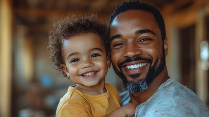 Father lifting his son up with a smile on a construction site, surrounded by construction tools and materials.