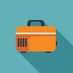 Orange portable electric generator providing power supply, flat vector icon with long shadow on turquoise background