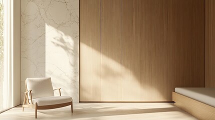 A Scandinavian-style bedroom featuring a sleek wooden wardrobe and a marble door. The minimalist design highlights clean lines, natural materials, and a serene atmosphere with soft, neutral tones.