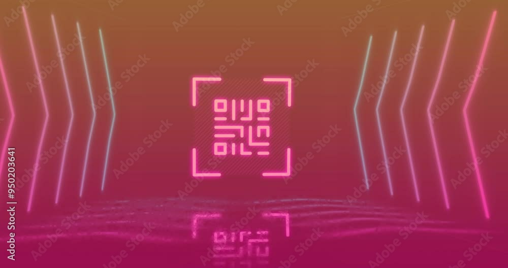 Poster animating neon qr code over reflective pink and orange background with geometric shapes