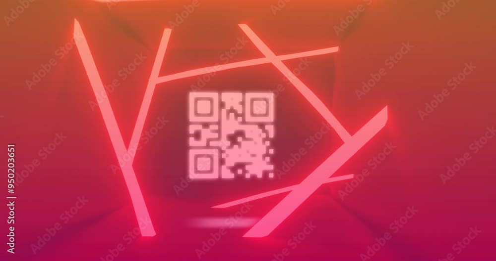 Poster glowing qr code animation with pink neon lines in abstract space
