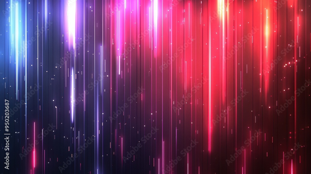 Poster abstract art featuring glowing red and blue neon light rays with gradient lines and vertical stripes