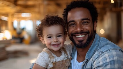 Fototapeta premium A father happily holding his son on a construction site, with the worksite visible in the background.