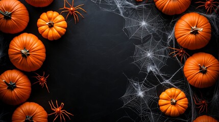 Happy halloween flat lay mockup with pumpkins and spider web on black background. Autumn holiday concept composition. Top view with copy space.