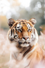Obraz premium A captivating portrait of a majestic tiger resting in the wild with a serene expression, showcasing its magnificent striped fur and piercing eyes in natural surroundings.