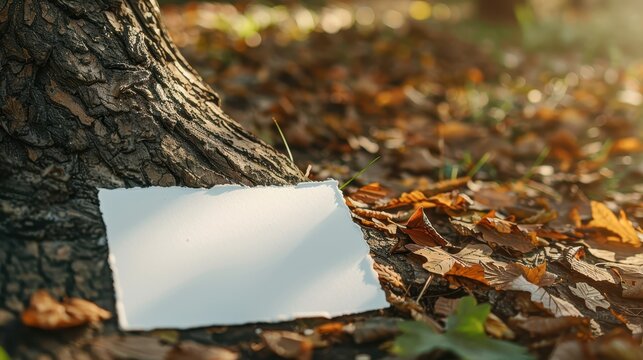 Blank white invitation rests on fallen leaves by a tree, illuminated by soft afternoon sunlight