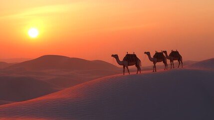 Desert sunset camel caravan towering sand dunes lone oasis warm golden hour lighting realistic 3D sand dunes soft diffused edges