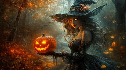 halloween witch with pumpkin