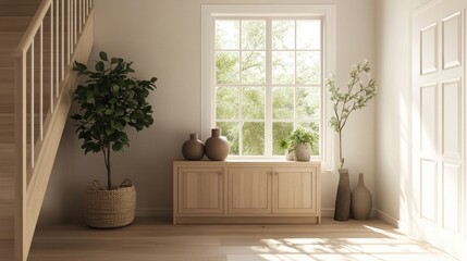 A stylish entrance hall with Scandinavian design, featuring a wooden cabinet by a window and a staircase. The minimalist decor and natural materials create a warm, welcoming space with plenty 