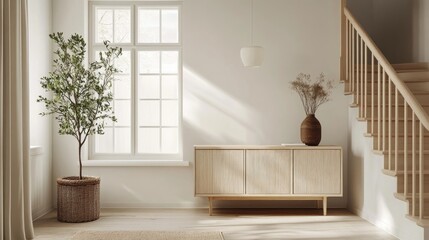 A stylish entrance hall with Scandinavian design, featuring a wooden cabinet by a window and a staircase. The minimalist decor and natural materials create a warm, welcoming space with plenty of ligh