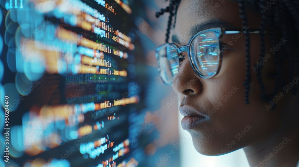 Poster female programmer working with fingerprints, code, cybersecurity concepts including database, passwo