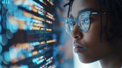 Female programmer working with fingerprints, code, cybersecurity concepts including database, password, ransomware, firewall, privacy, and holographic technology