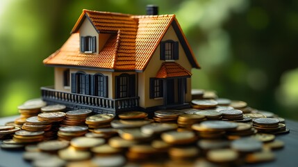 A house model placed atop a growing pile of coins, illustrating the concept of building savings for a future home.