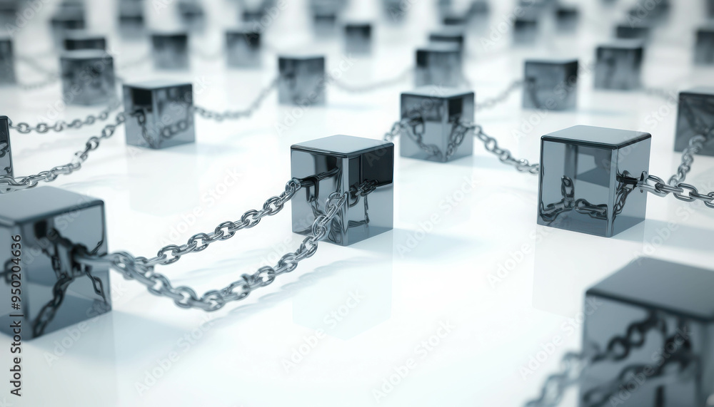 Poster interconnected cubes: a network of sleek, black cubes linked by silver chains, symbolizing interconn