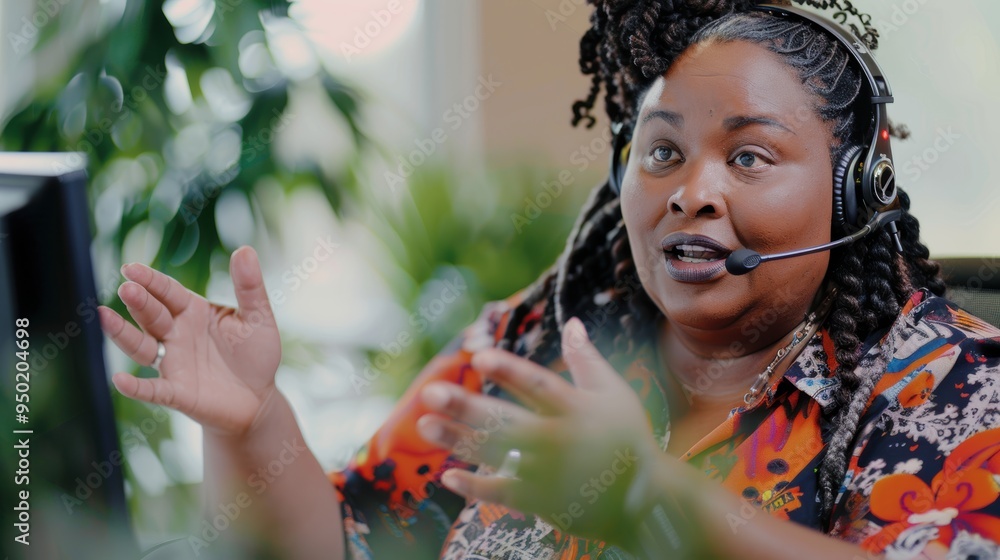 Poster virtual meeting or seminar with a call center agent providing advice and conversation while working 