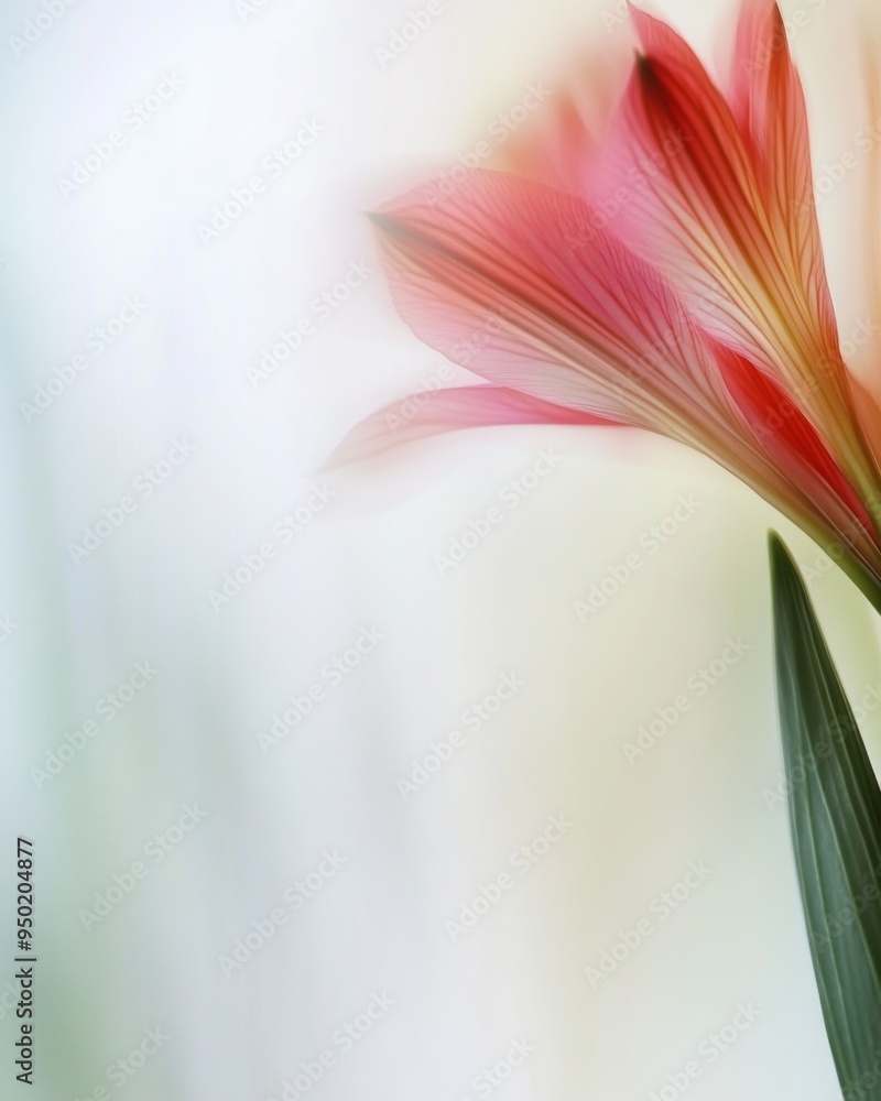 Poster abstract floral featuring a single red alstroemeria in soft tones with symmetrical blurred stems, lo