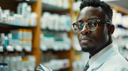 Fototapeta premium Pharmacist conducting stock check in a wellness clinic, reading medical information and managing pharmaceutical storage and supplements