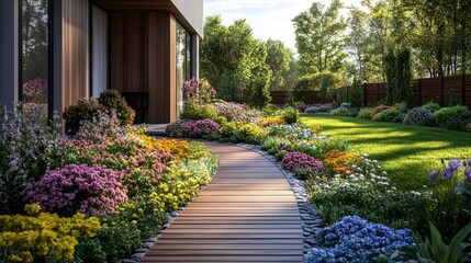 Obraz premium landscaping in the home garden with flowers