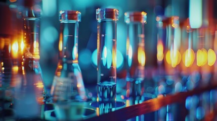Research and experimentation in a lab with liquids and pharmaceutical products on a desk for chemical analysis and innovation in chemistry