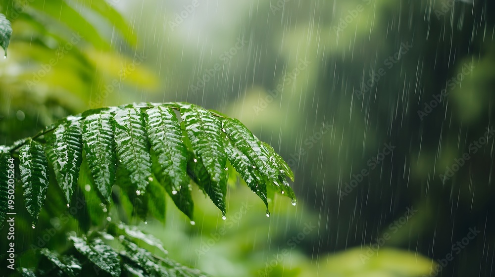 Poster a lush green forest with rain falling on the leaves. the rain is coming down in a steady drizzle, cr