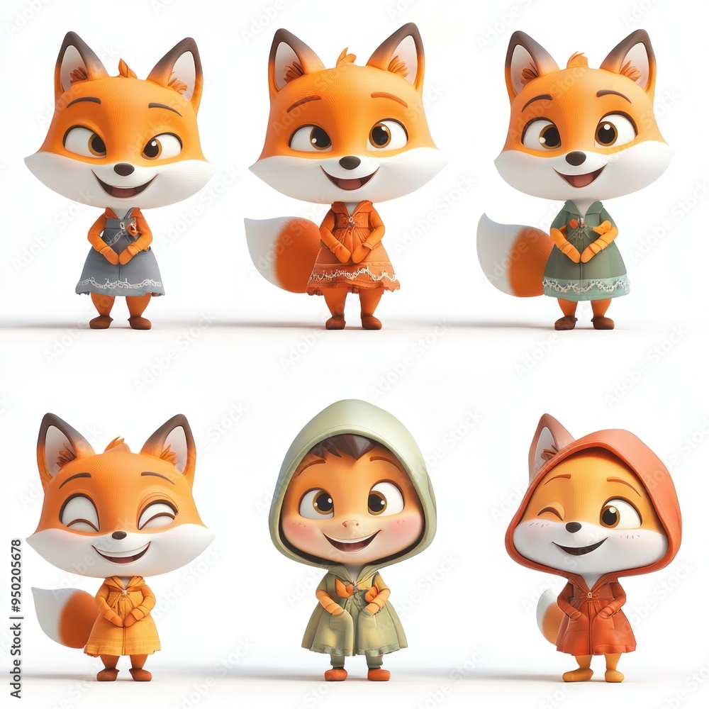 Poster A collection of cute cartoon fox characters in various outfits and expressions.