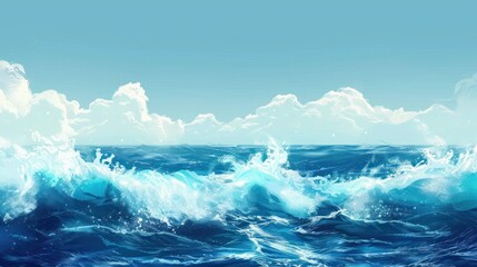 Fototapeta premium Ocean Waves with Blue Sky and White Clouds