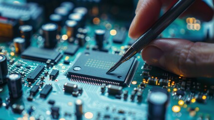 Close-up of hands working on a circuit board with a motherboard, microchip, and tools for electrical maintenance and hardware updates in information technology
