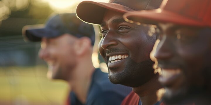 Team discussion, friendly conversation and laughter among men on a sports field during a break. A diverse group enjoying time together before fitness and exercise activities
