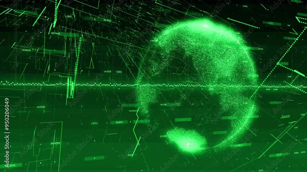 Poster digital globe and data visualization animation over green technological background