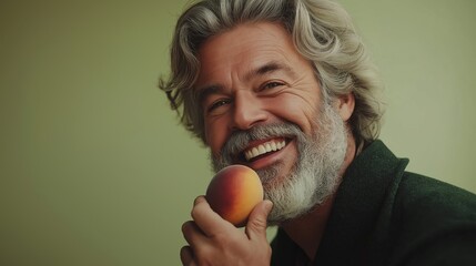 A late-60s Caucasian man with a white beard smiles broadly while biting into a juicy peach against a light green background