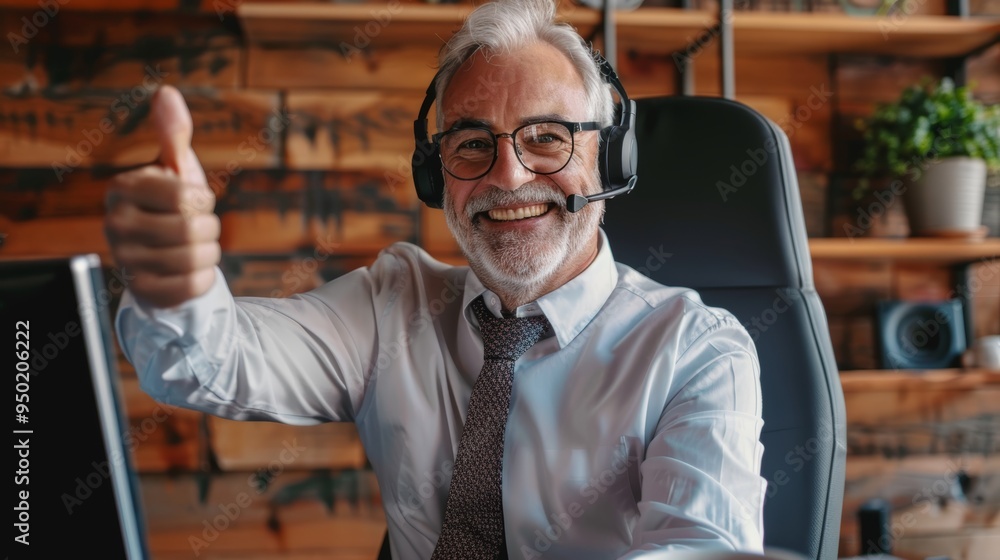 Poster senior man smiling with thumbs up in consulting office, wearing headset and using computer, represen