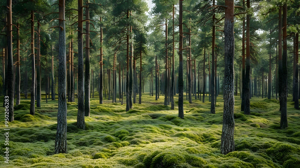 Poster sunlight filtering through the trees in a mossy forest