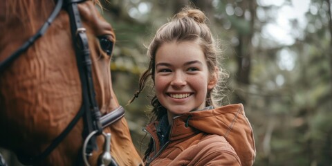 Obraz premium Joyful woman caring for a horse in a natural setting, expressing affection for animals. Equestrian activity with a rider enjoying an outdoor adventure surrounded by trees