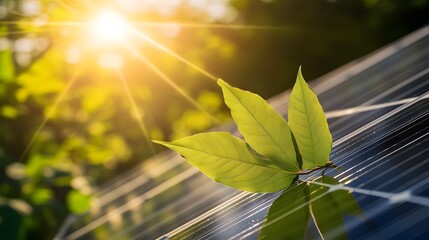 A close-up of solar panels with sunlight shining on them, and an isolated green leaf placed next to the panel